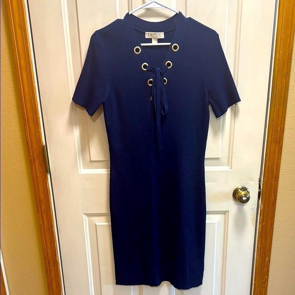 NWOT Michael Kors Navy Blue Lace-Up Bodycon Ribbed Midi Dress size L